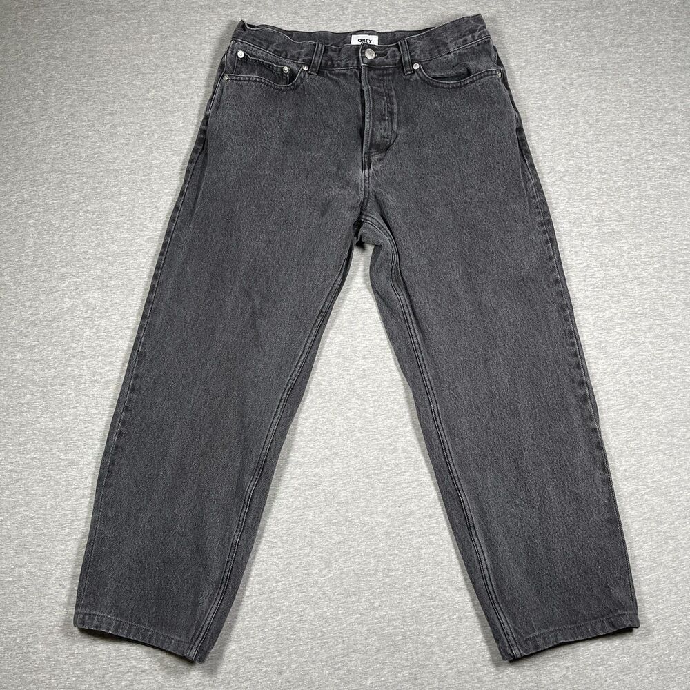 OBEY Jeans Mens 32 (30x26) Gray Charcoal Wash Tapered Relaxed Fit Denim Y2K